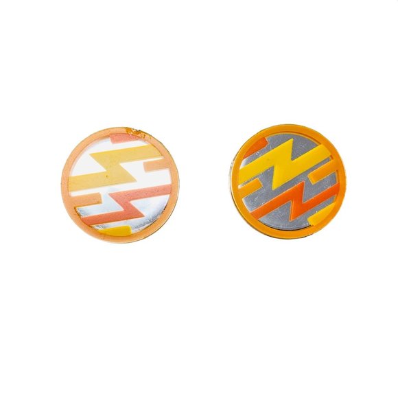 Vintage 1980s Lightning Orange Yellow Mirrored Earrings Circle Clip Ons - Picture 2 of 5